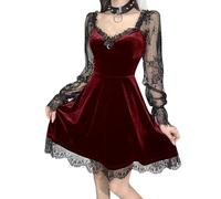 Robe courte gothique en dentelle et velours, col en V, demi-lune, sexy, pour Halloween, cocktail, mini robe décontractée, Robe Automne Rouge, XL
