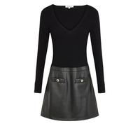 Robe courte noire bi-matière avec une coupe ajustée, col v et à manches longues 36