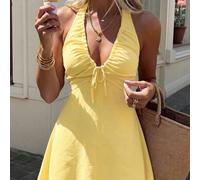 Robe courte pour femme printemps/été, nouvelle, jaune pâle à pois, col licou à nouer, buste avec cordon de serrage, taille cintrée, coupe trapèze, style princesse élégant, romantique, mignon et sexy, 