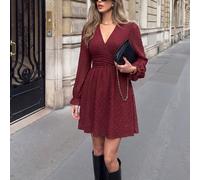 Robe courte pour femmes col V taille cintrée plissée à pois en mousseline manches lanterne manches longues élégante vintage française style décontracté pour rendez-vous après-midi thé fête vacances bu