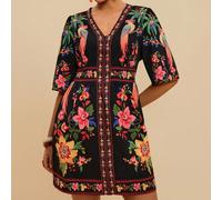 Robe courte près du corps à col V et manches courtes pour femmes grandes tailles, robe imprimée de fleurs roses, robe romantique pour vacances printanières sur une île, pour un rendez-vous 0XL,1XL,2XL