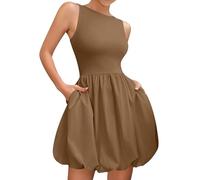 Robe courte sans manches avec col bateau et ourlet à bulles pour femme, kaki, M