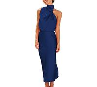 Robe Courte Sexy Cuir élégante sans Manches col Montant Cocktail Maxi Robes Robe Diablesse (Dark Blue, L)