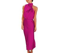 Robe Courte Sexy Cuir élégante sans Manches col Montant Cocktail Maxi Robes Robe Diablesse (Hot Pink, M)