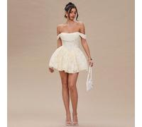 Robe courte texturée à fleurs avec épaules dénudées et décolleté évasé, une tenue élégante et chic pour femme pour un mariage, une soirée, une cérémonie de remise des diplômes ou tout autre évènement