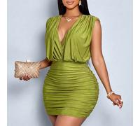 Robe courte tricotée sans manches à col V profond plissée, style décontracté élégant et mode pour femme, couleur unie, nouvelle collection printemps/été, coupe slim, adaptée pour Hawaï, tea party, pla