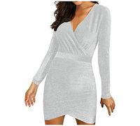 Robe crayon sexy taille haute fendue moulante robe crayon étoile paillettes jupe tutu jupe courte brillante hip wrap jupe sexy élégante robe col en V robe de soirée élégante avec manches, argenté, M