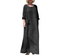 Robe d Ete pour Femme en Lin et Cotton Legere Women's Crew Neck Solid Color Mid Long Sleeve Dress Cotton and Linen Dress Long Sleeve Casual Pocket Robe Longue Femme Chic et Elegant (Black,S)