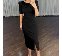 Robe d'affaires élégante avec décor de fleurs 3D, manches bouffantes, col rond, froncée, fendue, mi-longue, pour usage de bureau L,M,S,XL,XXLUnicoloreTissu tricoté