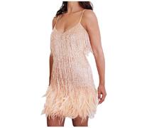 Robe Danse Femme Bretelles Spaghetti- Robe Soiree Paillette-Mini Robe à Franges de Gala Mariage Latine Rockabilly Fête Sexy Dress Glitter étincelante Performance Plumes Sequins Robes