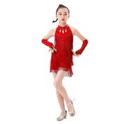 Robe Danse Latine Enfant sans Manches Franges - Neckholder Short Une pièce Tango Samba Gants 3-14 Ans, Justaucorps Spectacle, Tenue Sport n2