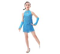 Robe Danse Latine Enfant sans Manches Franges - Neckholder Short Une pièce Tango Samba Gants 3-14 Ans, Justaucorps Spectacle, Tenue Sport n2