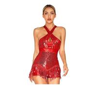 Robe Danse Latine Robe de Danse Latine sans Manches à Sequins croisés et Paillettes for Femme, idéale for Le Tango, la Salsa, cha-cha Rumba. Costume Cocktail(Red,XL)