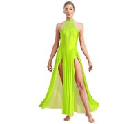 Robe Danse Latine Women's Shiny Rhinestone Lyrical Dance Dress Long Sleeve Backless Chiffon Slit Hem Maxi One Piece Leotard Modern Dancewear(Green A,L)