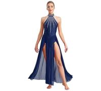 Robe Danse Latine Women's Shiny Rhinestone Lyrical Dance Dress Long Sleeve Backless Chiffon Slit Hem Maxi One Piece Leotard Modern Dancewear(Color 2,L)