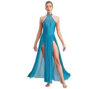 Robe Danse Latine Women's Shiny Rhinestone Lyrical Dance Dress Long Sleeve Backless Chiffon Slit Hem Maxi One Piece Leotard Modern Dancewear(Color 1,L)