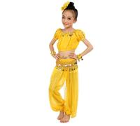 Robe Danse Orientale Enfant Costume Bollywood Fille, Tenue Danse du Ventre Indienne 5 Pièces avec Jupe Longue et Haut, Vêtements de Performance de Scène, Déguisement Halloween Carnaval, 3-12 Ans