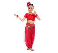 Robe Danse Orientale Enfant Costume Bollywood Fille, Tenue Danse du Ventre Indienne 5 Pièces avec Jupe Longue et Haut, Vêtements de Performance de Scène, Déguisement Halloween Carnaval, 3-12 Ans