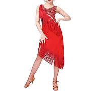 Robe Danse Tango Latine Femme Col Rond Paillette Brillant à Franges Robe Soirée Cocktail Salon Bretelles Vêtements de Performance,Rouge,L