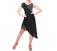 Robe Danse Tango Latine Femme Col Rond Paillette Brillant à Franges Robe Soirée Cocktail Salon Bretelles Vêtements de Performance,Noir,M