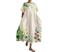 Robe d'art japonaise vintage pour femmes 2024 imprimé floral bohème surdimensionné col rond en lin robe d'été décontractée robe d'été longue avec manches femmes, vert, XXL