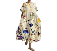 Robe d'art japonaise vintage pour femmes 2024 imprimé floral bohème surdimensionné col rond en lin robe d'été décontractée robe d'été longue avec manches femmes, jaune, XXL