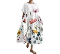 Robe d'art japonaise vintage pour femmes 2024 imprimé floral bohème surdimensionné col rond en lin robe d'été décontractée robe d'été longue avec manches femmes, Rose, M