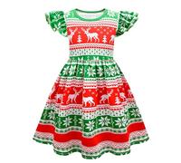Robe d'automne Fille,Robe de Spectacle à Manches Volantes pour Filles Costume de Noël imprimé ludique Habillement Confortable pour Jeune Enfant (Green, 4-5 Years)