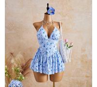 Robe de bain plissée à imprimé floral avec col licou et nœud, convient pour les vacances, la plage, le bord de mer, le thé de l'après-midi, le pique-nique, la fête L,M,S,XSPlantesTissu tricoté