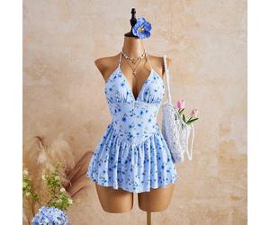 Robe de bain plissée à imprimé floral avec col licou et nœud, convient pour les vacances, la plage, le bord de mer, le thé de l'après-midi, le pique-nique, la fête L,M,S,XSPlantesTissu tricoté