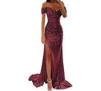 Robe de bal 2026 pour femme - Robe de soirée à paillettes - Manches courtes - Couleur pure - Paillettes - Printemps - Hiver - Épaules dénudées - Mode hiver - Invité de mariage - Soirée, Bordeaux, S