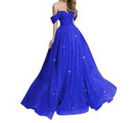 Robe de bal à épaules dénudées longue en tulle pailleté A-Line de soirée formelle YIAX188 Bleu royal UK12