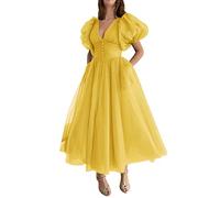 Robe de bal à paillettes - Robe de bal romantique en tulle à pois - Col en V - Robe de bal de princesse pour femme, or jaune, 38
