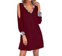 Robe de bal à paillettes scintillantes pour femme, robe d'invitée de mariage, robe de soirée décontractée, robe courte en mousseline de soie, manches longues, col en V, épaules dénudées, robe trapèze