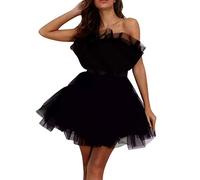 Robe de bal courte en tulle pour femmes, robe de princesse mini princesse en peluche, robe de cocktail en maille plissée sans bretelles pour une fête de retrouvaille, robe de bandage, Noir , M