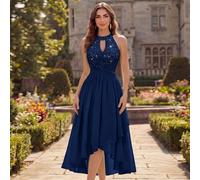 Robe de bal de soirée de retour à la maison en mousseline plissée avec col ras-du-cou, sans manches, en dentelle florale à paillettes, robe élégante de printemps/été L,M,S,XL,XXLUnicoloreMousseline
