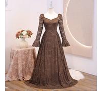 Robe de bal élégante pour fille adolescente, toutes saisons printemps/été, pour remise des diplômes, mariage, demoiselle d'honneur, couleur café, dentelle intégrale, manches longues avec poignets à vo
