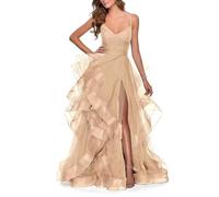 Robe de bal en tulle à volants pour femmes, robe de soirée classique 2025 pour femmes, robes de bal formelles à bretelles spaghetti, robes de bal de fête pailletées avec fente, champagne, 36