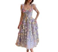 Robe de bal en tulle brodée florale avec bretelles à nouer pour femme, violet clair, robe de princesse moelleuse, Maxi, 3XL