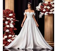 Robe de bal longue élégante en satin blanc, bustier bandeau, devant froncé, décor floral, dos ajustable à nouer, avec traîne dramatique, robe de mariée, mariée L,M,S,XL,XS,XXL,XXS,XXXL,XXXXLUnicoloreT