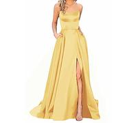 Robe de bal longue élégante en satin, dos nu, forme trapèze, fines bretelles croisées dans le dos, fente latérale, avec poches, bal de fin d'année, mariage, soirée, pour femme