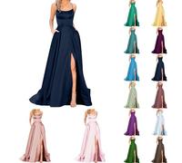 Robe De Bal Longue Femme Dos Nu Élégante Noir Doré - Criss-Cross en Satin - Robe De Fin D'études Sexy Chic - Robe De Soirée avec Poches pour Bal,Mariage,Cocktail