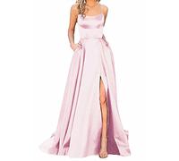 Robe de bal longue pour femme, Robe élégante en satin avec dos nu, robe trapèze, fines bretelles croisées dans le dos, fente latérale, robe de bal de fin d’année, de mariage, de soirée avec poches