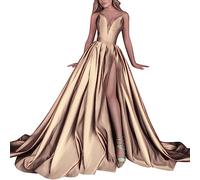 Robe de bal longue princesse pour femme avec crinoline - Robe de bal en soie avec fente longue et dos nu - Robe de soirée maxi élégante - Col en V - Robe maxi sexy d'été en soie, or, M