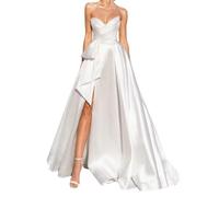 Robe de bal longue sans bretelles en satin avec fente pour mariée, blanc, 48 plus