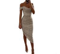 Robe de bal pour femme, épaules dénudées, à paillettes, col en V, sans manches, légèrement extensible, convient pour les occasions formelles (taille S, argenté)