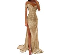 Robe de bal pour femme - Robe à paillettes - Manches courtes - Couleur pure - Paillettes - Printemps automne hiver - Épaules dénudées - Mode - Invité de mariage - Robe de soirée, Or rose, L