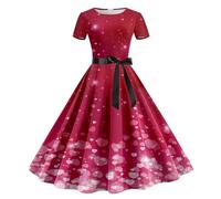 Robe de bal vintage élégante pour femme - Robe de Saint-Valentin - Manches courtes - Style années 1950 - Robe de soirée - Robe de bal - Robe trapèze rétro - Robe de cocktail, O Rose chaud, XL