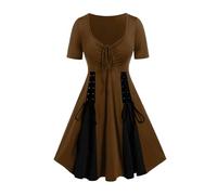 Robe de bal vintage Lolita pour femme - Col en V - Manches courtes - Robe de soirée gothique punk - Bloc de couleurs - Ourlet Godet bicolore - Robe patineuse plissée - Robe trapèze - Robe de carnaval