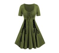 Robe de bal vintage Lolita pour femme - Col en V - Manches courtes - Robe de soirée gothique punk - Élégante - Couleur unie - Robe plissée - Robe trapèze - Robe de carnaval - Costume d'Halloween, Vert